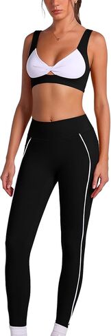 Workout Sets for Women Contrast Panel Tie Front Sports Bra and Butt-lifting Pants Active Jogger 2 Pieces Outfits in Saudi Arabia