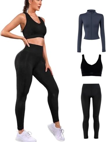 3-Piece Women’s Workout Set – Sports Bra, High-Waisted Butt-Lifting Leggings & Jacket, Suitable for Gym, Running, Yoga in Saudi Arabia