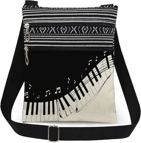 Piano Keys Adjustable Shoulder Strap Crossbody Bag Black and White Keys Print with Floating Music Notes Messenger Bag Music Gift for Adults Birthday or Christmas Present​​ in Saudi Arabia
