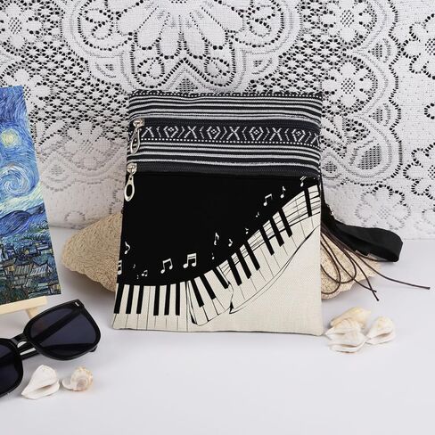 Piano Keys Adjustable Shoulder Strap Crossbody Bag Black and White Keys Print with Floating Music Notes Messenger Bag Music Gift for Adults Birthday or Christmas Present​​ in Saudi Arabia