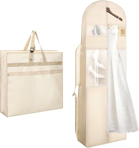 حقيبة ملابس لفساتين الزفاف، مقاس 72 بوصة، حقائب فساتين زفاف ثلاثية الطي مع 6 قطع من الحقائب للفساتين الطويلة وغطاء ثوب بإبزيم قابل للتعديل لحفلات الزفاف، وفساتين السهرة، والسفر، وتخزين الخزانة، والحفلات الراقصة، باللون البيج in Kuwait