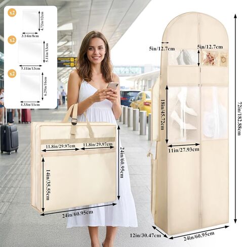 حقيبة ملابس لفساتين الزفاف، مقاس 72 بوصة، حقائب فساتين زفاف ثلاثية الطي مع 6 قطع من الحقائب للفساتين الطويلة وغطاء ثوب بإبزيم قابل للتعديل لحفلات الزفاف، وفساتين السهرة، والسفر، وتخزين الخزانة، والحفلات الراقصة، باللون البيج in Kuwait