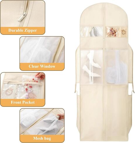 حقيبة ملابس لفساتين الزفاف، مقاس 72 بوصة، حقائب فساتين زفاف ثلاثية الطي مع 6 قطع من الحقائب للفساتين الطويلة وغطاء ثوب بإبزيم قابل للتعديل لحفلات الزفاف، وفساتين السهرة، والسفر، وتخزين الخزانة، والحفلات الراقصة، باللون البيج in Kuwait