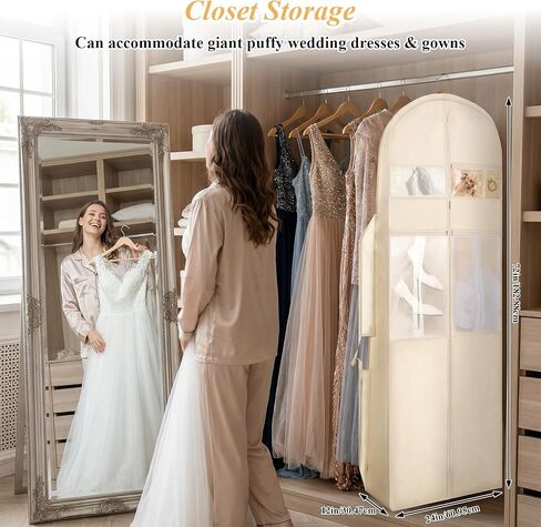 حقيبة ملابس لفساتين الزفاف، مقاس 72 بوصة، حقائب فساتين زفاف ثلاثية الطي مع 6 قطع من الحقائب للفساتين الطويلة وغطاء ثوب بإبزيم قابل للتعديل لحفلات الزفاف، وفساتين السهرة، والسفر، وتخزين الخزانة، والحفلات الراقصة، باللون البيج in Kuwait