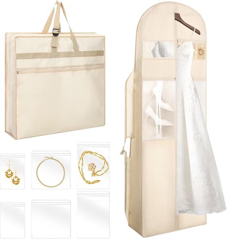 حقيبة ملابس لفساتين الزفاف، مقاس 72 بوصة، حقائب فساتين زفاف ثلاثية الطي مع 6 قطع من الحقائب للفساتين الطويلة وغطاء ثوب بإبزيم قابل للتعديل لحفلات الزفاف، وفساتين السهرة، والسفر، وتخزين الخزانة، والحفلات الراقصة، باللون البيج in Kuwait