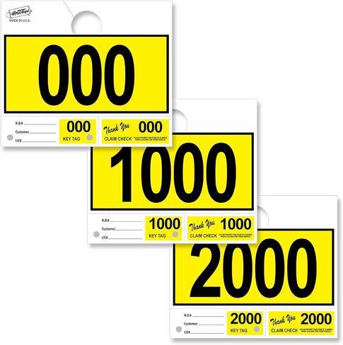 Versa-Tags Car Dealer 1000 علامة تعليق - أرقام إرسال الخدمة للميكانيكا ومحلات التصليح، تصميم مكون من 3 أجزاء باللون الأصفر مرقم مسبقًا (000-999) in Saudi Arabia