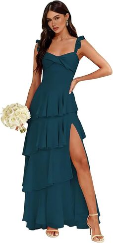 Chiffon Spaghetti Straps Bridesmaid Dresses Long with Slit Pleated Tiered Evening Formal Dress in Saudi Arabia