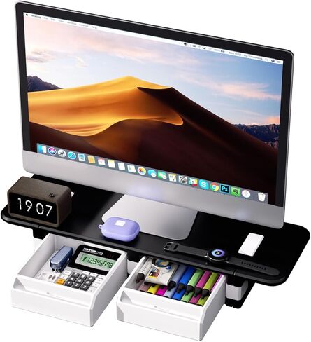 Computer Monitor Stand, Desk Organizer and Accessories with 2 Drawers, Multi-purpose Monitor Riser / Laptop Stand, Sturdy Desktop Storage Organizer for Office Supplies, Black in Saudi Arabia