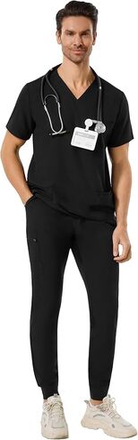 Men's Scrub Set - 4 Pockets Stretchy V-Neck Scrub Top & 5 Pockets Jogger Pants, Anti-Wrinkle Scrubs (M-XXL) in Saudi Arabia