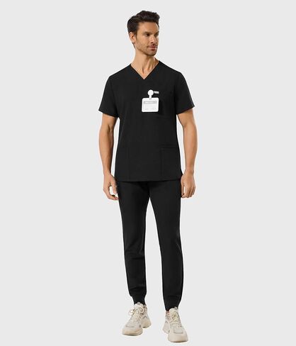 Men's Scrub Set - 4 Pockets Stretchy V-Neck Scrub Top & 5 Pockets Jogger Pants, Anti-Wrinkle Scrubs (M-XXL) in Saudi Arabia