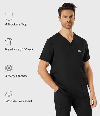 Men's Scrub Set - 4 Pockets Stretchy V-Neck Scrub Top & 5 Pockets Jogger Pants, Anti-Wrinkle Scrubs (M-XXL) in Saudi Arabia