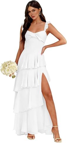 Chiffon Spaghetti Straps Bridesmaid Dresses Long with Slit Pleated Tiered Evening Formal Dress in Saudi Arabia
