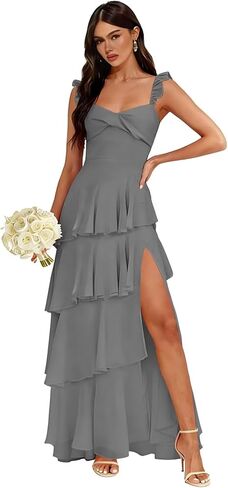 Chiffon Spaghetti Straps Bridesmaid Dresses Long with Slit Pleated Tiered Evening Formal Dress in Saudi Arabia