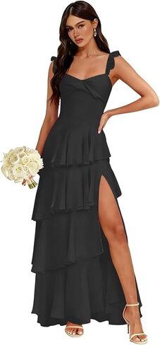 Chiffon Spaghetti Straps Bridesmaid Dresses Long with Slit Pleated Tiered Evening Formal Dress in Saudi Arabia
