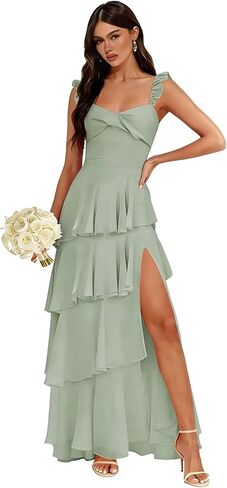 Chiffon Spaghetti Straps Bridesmaid Dresses Long with Slit Pleated Tiered Evening Formal Dress in Saudi Arabia