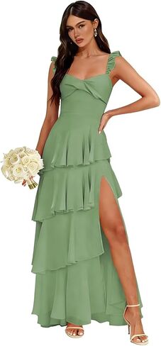 Chiffon Spaghetti Straps Bridesmaid Dresses Long with Slit Pleated Tiered Evening Formal Dress in Saudi Arabia