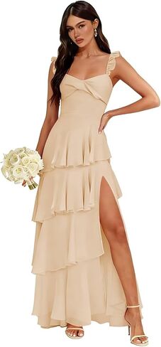 Chiffon Spaghetti Straps Bridesmaid Dresses Long with Slit Pleated Tiered Evening Formal Dress in Saudi Arabia