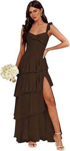 Chiffon Spaghetti Straps Bridesmaid Dresses Long with Slit Pleated Tiered Evening Formal Dress in Saudi Arabia
