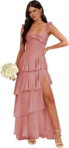 Chiffon Spaghetti Straps Bridesmaid Dresses Long with Slit Pleated Tiered Evening Formal Dress in Saudi Arabia