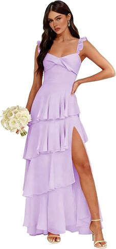 Chiffon Spaghetti Straps Bridesmaid Dresses Long with Slit Pleated Tiered Evening Formal Dress in Saudi Arabia