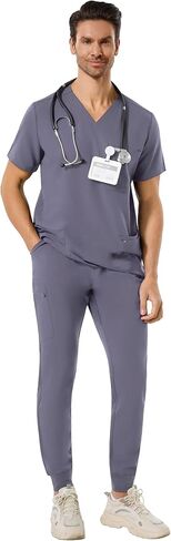 طقم فرك للرجال - 4 جيوب قابلة للتمدد برقبة على شكل حرف V وبنطال رياضي 5 جيوب، فرك مضاد للتجاعيد (M-XXL) in Kuwait