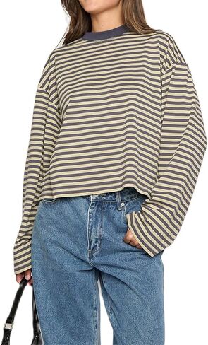 Oversized Striped Long Sleeve Shirt Women Y2K Preppy Crewneck Drop Shoulder Loose Fit Tops Teens Fall Pullover Tees in Saudi Arabia