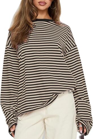 Oversized Striped Long Sleeve Shirt Women Y2K Preppy Crewneck Drop Shoulder Loose Fit Tops Teens Fall Pullover Tees in Saudi Arabia