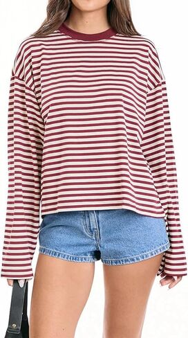 Oversized Striped Long Sleeve Shirt Women Y2K Preppy Crewneck Drop Shoulder Loose Fit Tops Teens Fall Pullover Tees in Saudi Arabia