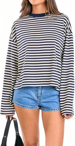 Oversized Striped Long Sleeve Shirt Women Y2K Preppy Crewneck Drop Shoulder Loose Fit Tops Teens Fall Pullover Tees in Saudi Arabia
