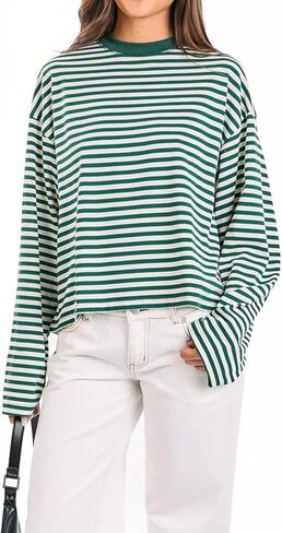 Oversized Striped Long Sleeve Shirt Women Y2K Preppy Crewneck Drop Shoulder Loose Fit Tops Teens Fall Pullover Tees in Saudi Arabia