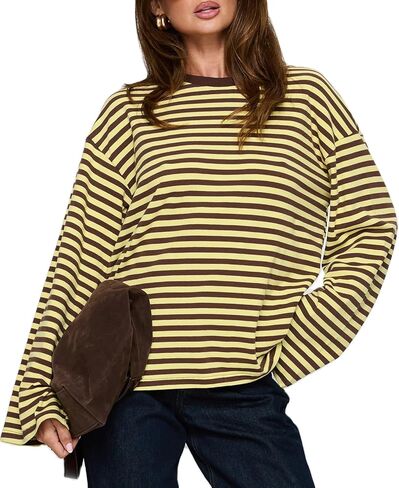 Oversized Striped Long Sleeve Shirt Women Y2K Preppy Crewneck Drop Shoulder Loose Fit Tops Teens Fall Pullover Tees in Saudi Arabia