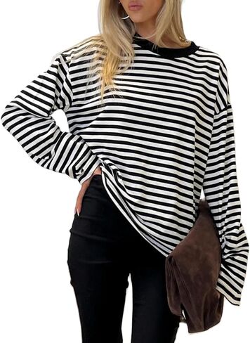 Oversized Striped Long Sleeve Shirt Women Y2K Preppy Crewneck Drop Shoulder Loose Fit Tops Teens Fall Pullover Tees in Saudi Arabia