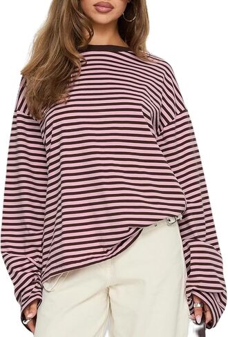Oversized Striped Long Sleeve Shirt Women Y2K Preppy Crewneck Drop Shoulder Loose Fit Tops Teens Fall Pullover Tees in Saudi Arabia