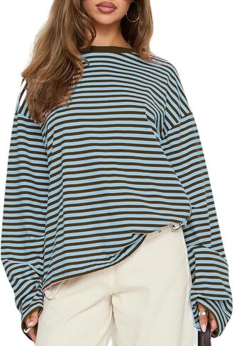 Oversized Striped Long Sleeve Shirt Women Y2K Preppy Crewneck Drop Shoulder Loose Fit Tops Teens Fall Pullover Tees in Saudi Arabia