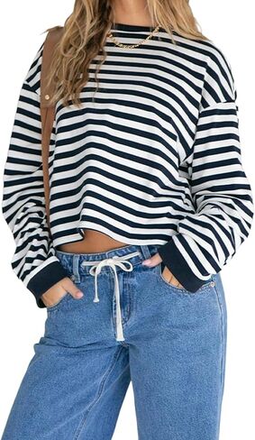Oversized Striped Long Sleeve Shirt Women Y2K Preppy Crewneck Drop Shoulder Loose Fit Tops Teens Fall Pullover Tees in Saudi Arabia