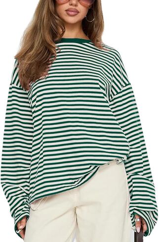 Oversized Striped Long Sleeve Shirt Women Y2K Preppy Crewneck Drop Shoulder Loose Fit Tops Teens Fall Pullover Tees in Saudi Arabia