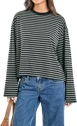 Oversized Striped Long Sleeve Shirt Women Y2K Preppy Crewneck Drop Shoulder Loose Fit Tops Teens Fall Pullover Tees in Saudi Arabia