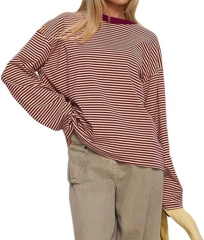 Oversized Striped Long Sleeve Shirt Women Y2K Preppy Crewneck Drop Shoulder Loose Fit Tops Teens Fall Pullover Tees in Saudi Arabia