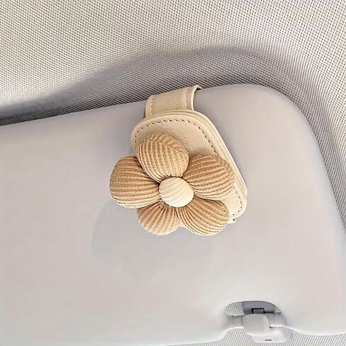 Magnetic Glasses Holder for Car Visor, PU Leather Sunglasses Clip with Floral Decor, Beige Car Visor Accessories for Women Men, Gift for Drivers in Saudi Arabia