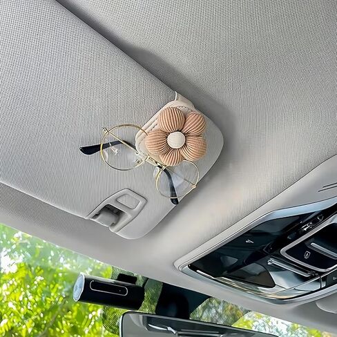 Magnetic Glasses Holder for Car Visor, PU Leather Sunglasses Clip with Floral Decor, Beige Car Visor Accessories for Women Men, Gift for Drivers in Saudi Arabia