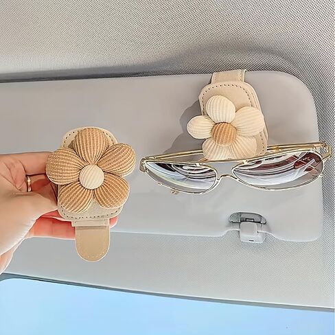 Magnetic Glasses Holder for Car Visor, PU Leather Sunglasses Clip with Floral Decor, Beige Car Visor Accessories for Women Men, Gift for Drivers in Saudi Arabia