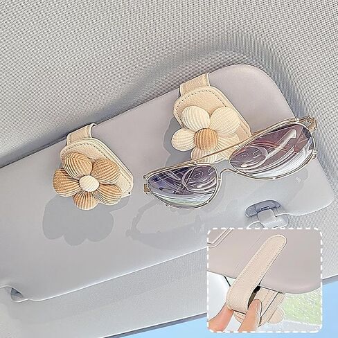 Magnetic Glasses Holder for Car Visor, PU Leather Sunglasses Clip with Floral Decor, Beige Car Visor Accessories for Women Men, Gift for Drivers in Saudi Arabia