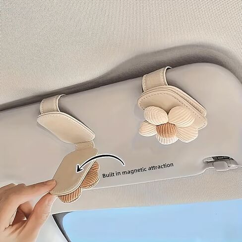 Magnetic Glasses Holder for Car Visor, PU Leather Sunglasses Clip with Floral Decor, Beige Car Visor Accessories for Women Men, Gift for Drivers in Saudi Arabia