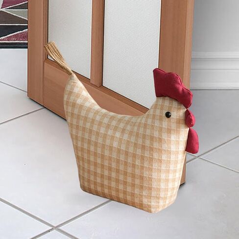 Decorative Rooster Door Stopper, 11 Inch Chicken Stuffed Animal Door Stop, Striped Gingham Shirt Design with Welcome Home Sign Chicken Birthday Gift (Beige) in Saudi Arabia