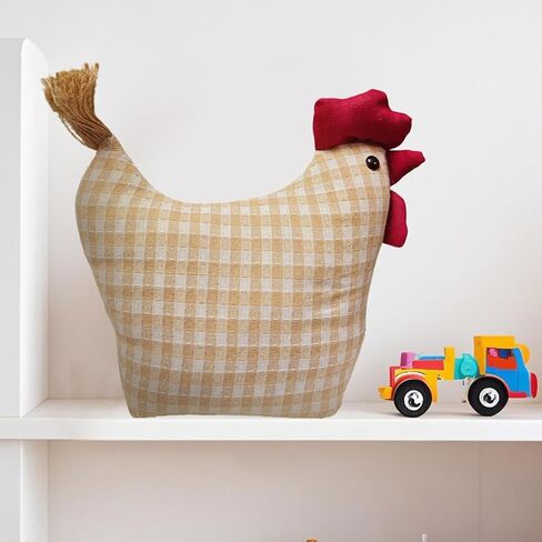 Decorative Rooster Door Stopper, 11 Inch Chicken Stuffed Animal Door Stop, Striped Gingham Shirt Design with Welcome Home Sign Chicken Birthday Gift (Beige) in Saudi Arabia