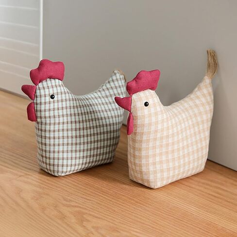 Decorative Rooster Door Stopper, 11 Inch Chicken Stuffed Animal Door Stop, Striped Gingham Shirt Design with Welcome Home Sign Chicken Birthday Gift (Beige) in Saudi Arabia
