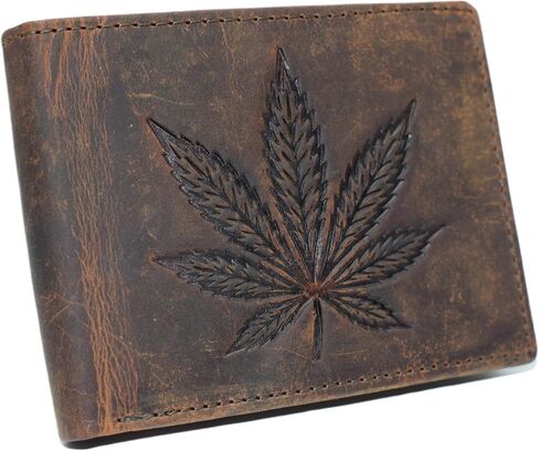 Men’s RFID Blocking Vintage Leather Bifold Wallet – Marijuana Leaf Design – Cannabis Leaf Debossed Genuine Leather Wallet (Black) in Saudi Arabia