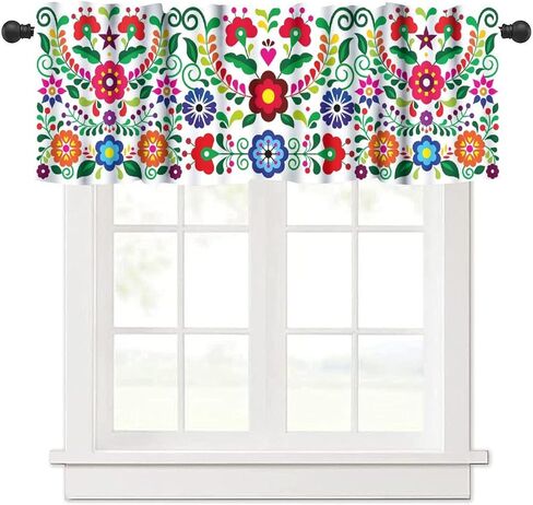 Blue White Patchwork Window Curtain Valance, Vintage Spanish Portugal Style Tile Window Treatment Valances for Home Bedroom Living Kitchen Café Décor 54x18inch in Saudi Arabia
