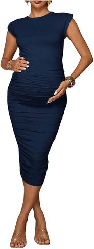 OYOANGLE Women's Maternity Crew Neck Short Sleeve Ruched Dress Pregnancy Bodycon Midi Dresses in Saudi Arabia