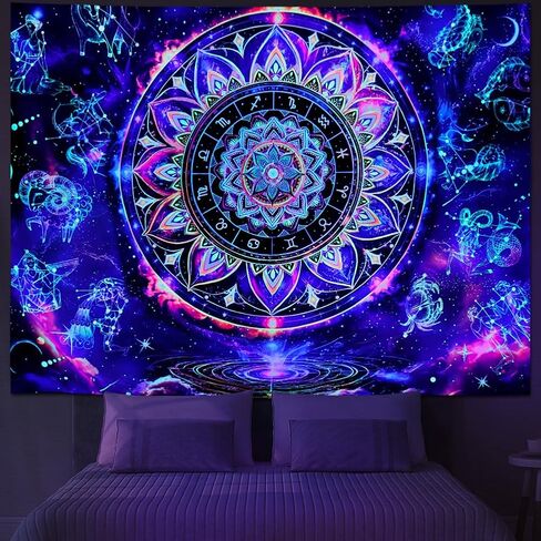 Yuiqear Blacklight ماندالا نسيج الأشعة فوق البنفسجية كوكبة رد الفعل زودياك علم التنجيم المفروشات الجمالية الهندية الهبي جدار ديكور مخدر غالاكسي الفضاء نسيج الجدار شنقا لغرفة النوم in Kuwait